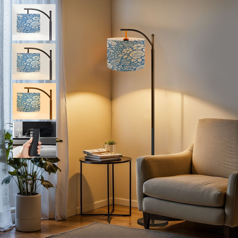  Arc Floor Lamp Abstract floral seamless Exotic Paisley elements flower Tall Modern Standing Lamp LED Adjustable Linen Lampshade 3 Color Temperatures