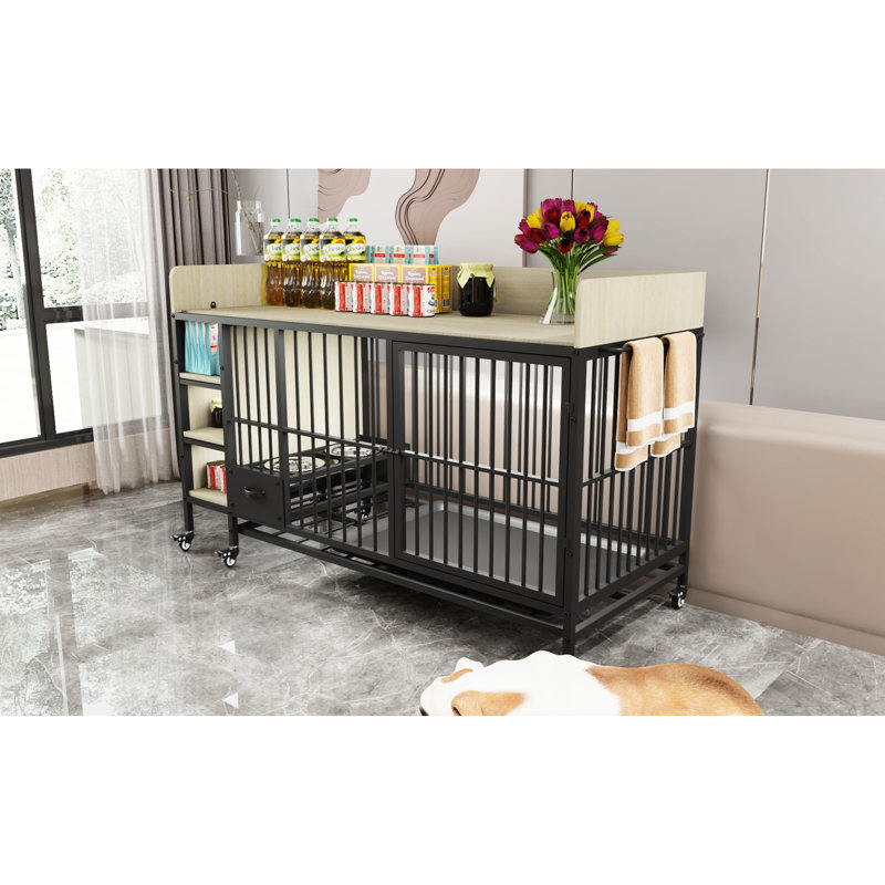 Cage pour animal de compagnie avec bassin et tiroir - fer et matériau de grande fonctionnalité, Beige/Black