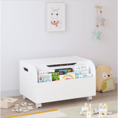 Coffre à jouets en bois avec 4 roues universelles, organisateur de rangement pour jouets pour enfants avec bibliothèque avant, couvercle rabattable, charnière de sécurité, banc de coffre à jouets pour garçons et filles