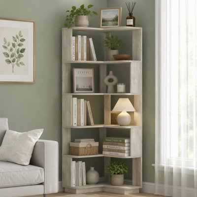 6-Tier L-Shaped Corner Bookshelf with Anti-Drop Panel, Anti-Tip Wooden Bookcase, Light Gray