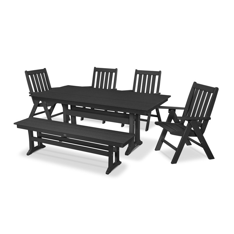 Vineyard 6-Piece Folding Chair Farmhouse Dining Set with Trestle Legs and Bench, Black