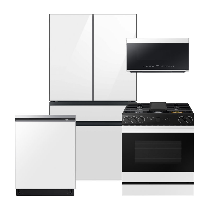 Samsung Bespoke White Glass Kitchen Package with 29 cu. ft. 4-Door French Door Refrigerator with Beverage Center and Gas Range