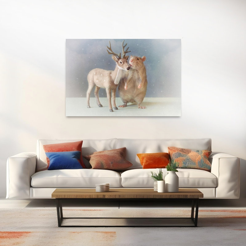 Cute Rat Deer Friends Whimsical Abstract Contemporary Deer Portrait Winter Wall Art Print by Ellen van Deelen - 1 Piece Wrapped Canvas Wall Art