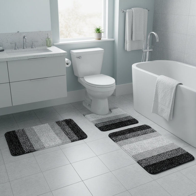 Ensemble de tapis de salle de bain en microfibre 3 pièces, tapis de toilette en forme de U moelleux et absorbant doux, Noir