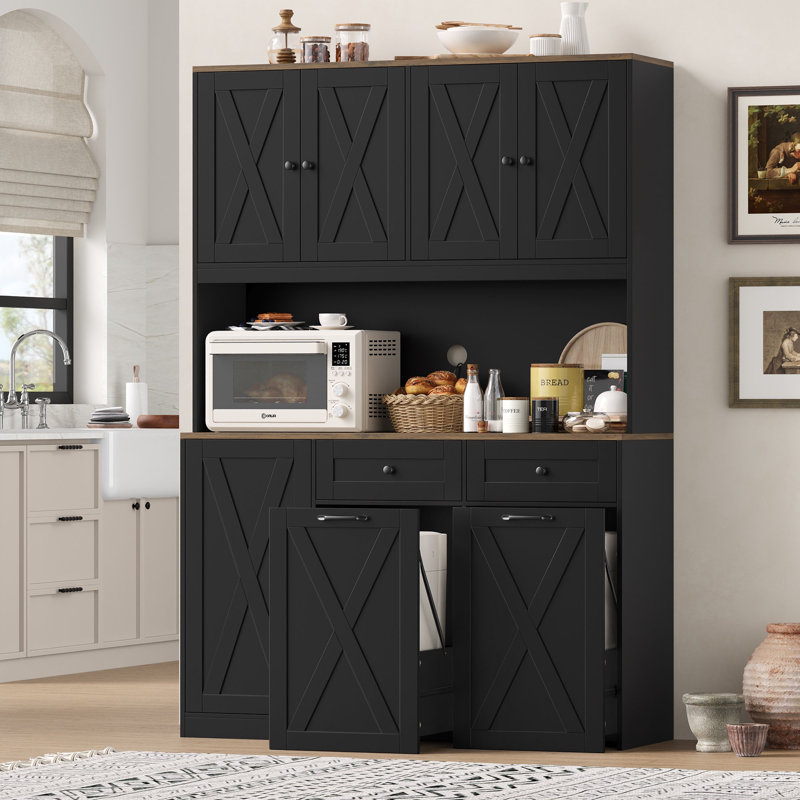 Large Capacity Push-Pull Trash Can Cabinet With Microwave Shelf,Free Standing Kitchen Storage Cabinet, Black