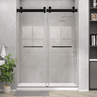 56" - 60" W X 79'' H Frameless Double Sliding Shower Door Matte Black Bypass Bathroom Door Modern Walk-In Aluminum Door With Upgraded Soft-Closing & Clear Tempered Glass