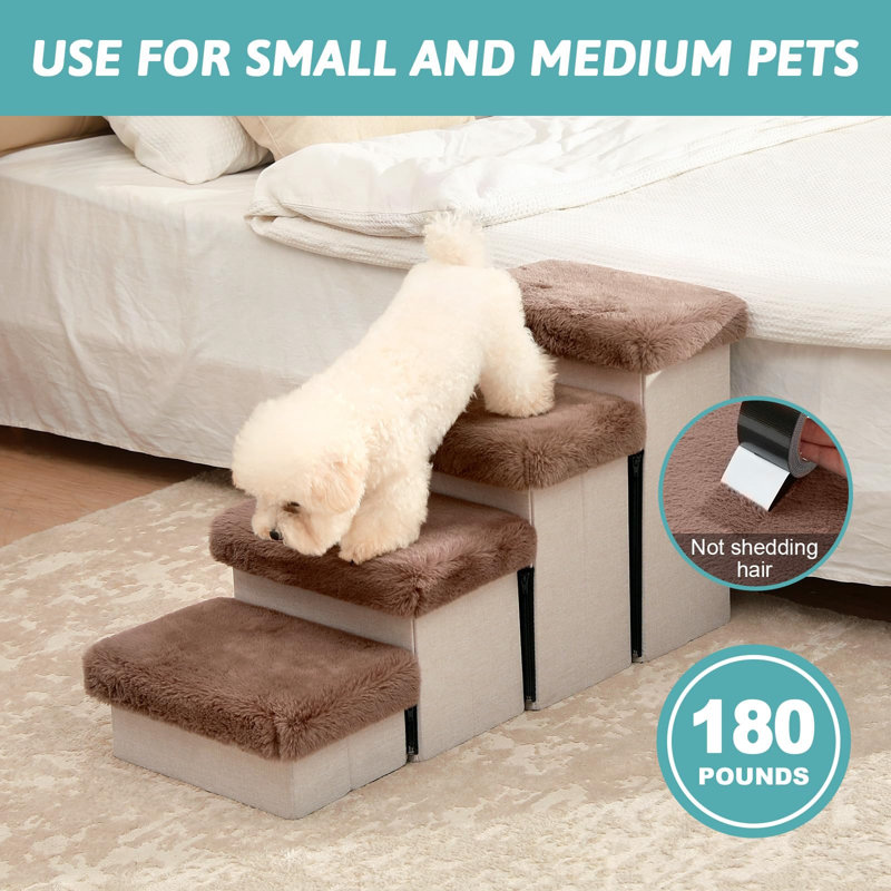 Foldable Brown Fabric Pet Stairs with Storage