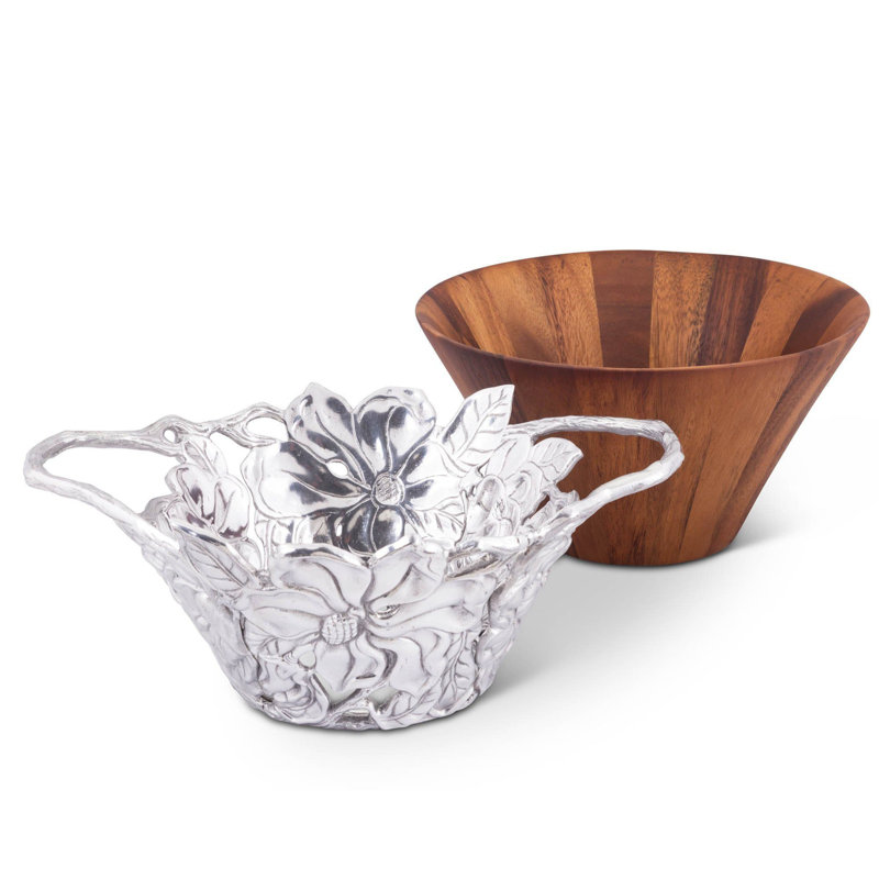 Magnolia Wood and Aluminum Round Salad Fruit Bowl