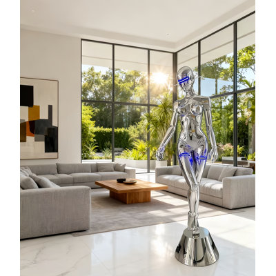 Sorayama-Style Cyberpunk Art Statue with LED Accent Lights,Chrome Robot Woman Floor Sculpture
