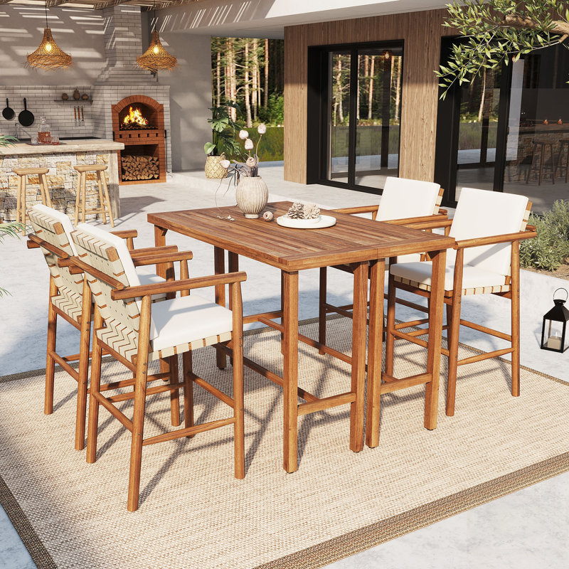 Ensemble de bar extérieur 6 pièces avec table et tabourets en bois d'acacia, coussins pour patio, cour arrière, piscine, balcon