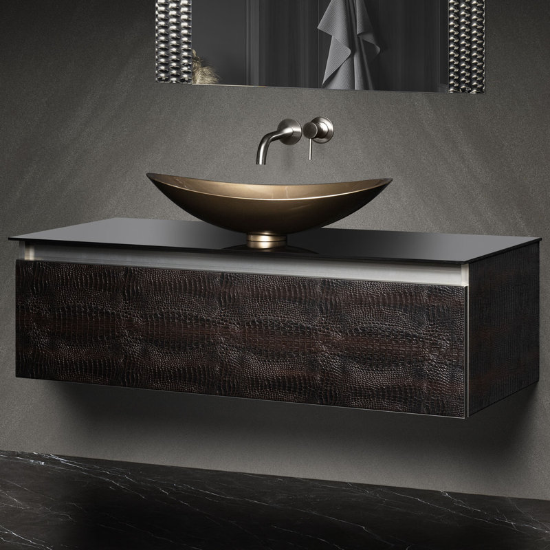 Meuble-lavabo simple avec comptoir, Crocodile foncé, 47", Verre trempé noir