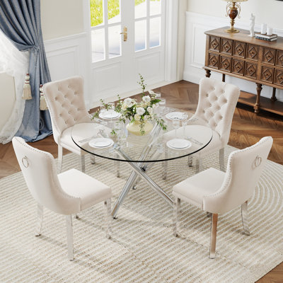 5-Piece Modern Round Pedestal Dining Set with Velvet Tufted Dining Chair for Dining Room and Living Room
