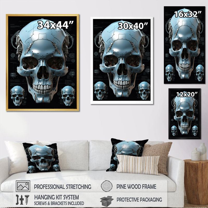 Reproduction d'art sur toile, "Happy Cyborg Skull Funky Halloween", Cadre flottant doré, H 32 po x l 16 po x P 1 po