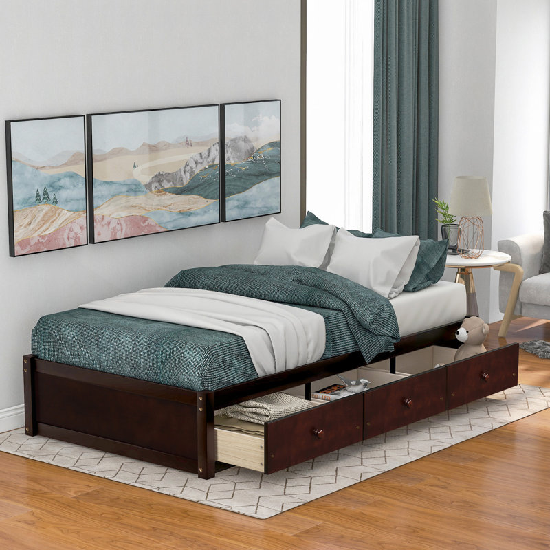 Lit moderne, lit plateforme avec 3 tiroirs de rangement, Cerisier