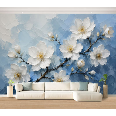 Papier peint adhésif peler et coller fleur gris blanc bleu fleurs florales jaune centre branche bourgeons d'huile papier autocollant amovible pour décoration murale H 100 po x l 144 po