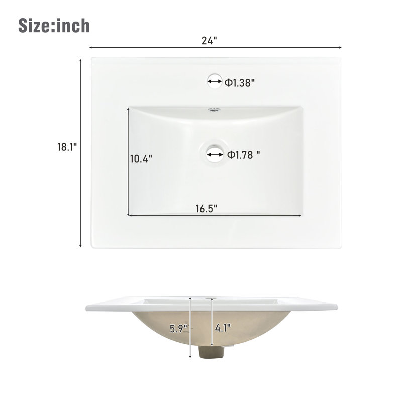 24'' White Ceramic Rectangular Single Vanity Top Sink