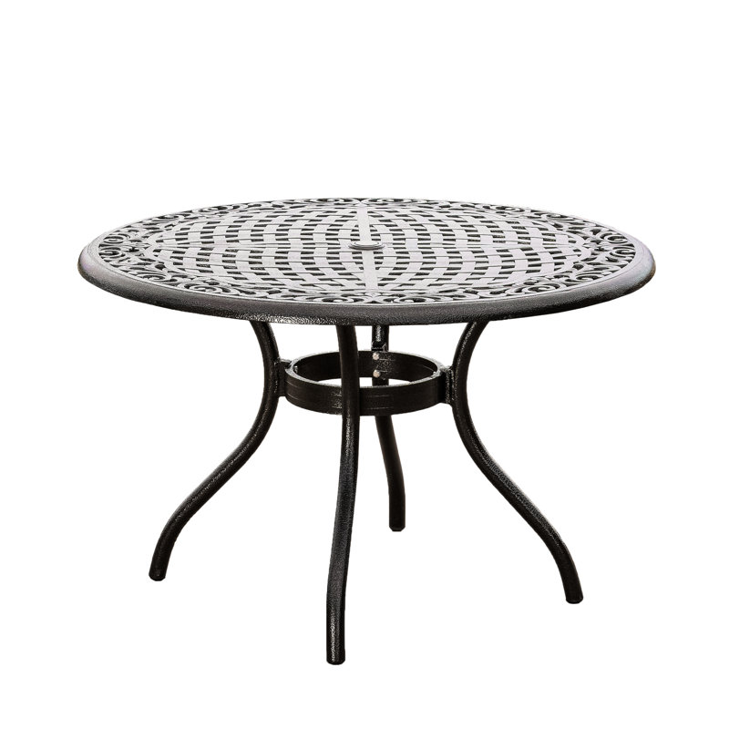 48-Inch Round Patio Table In Cast Aluminum With Hammered Bronze Finish, Tabletop , Umbrella Hole, And Curved Legs, Weather- Option 48-In Outdoor Dining Crafted Of Bronze, Tabletop, For Entertaining