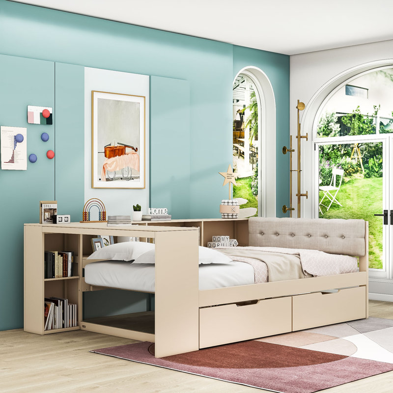 Wooden Daybed with Storage Drawers, Shelves, Charging Station and Upholstered Headboard, Full, Cream