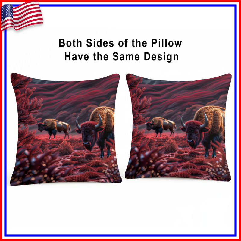 Coussins Bison In Red Landscape, 14 X 14 pouces