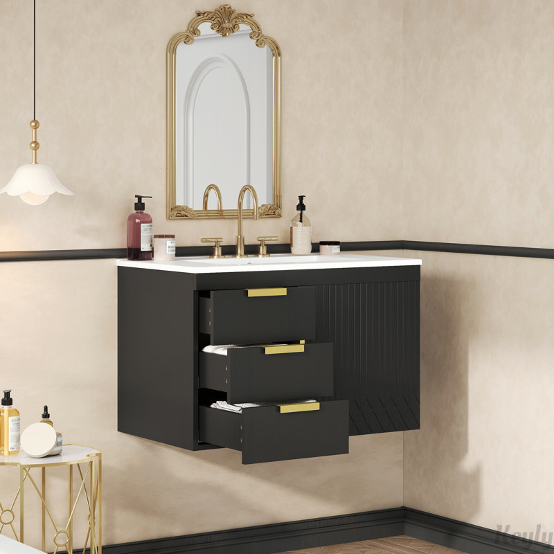 Armoire de salle de bain murale moderne avec lavabo en céramique, tiroirs à fermeture en douceur et porte pour un rangement et un style améliorés