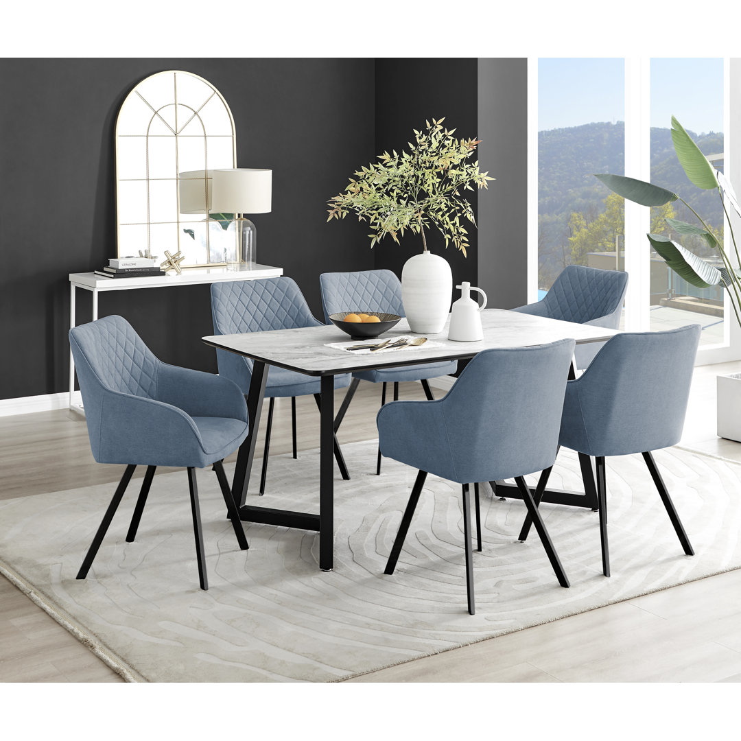 Industrial Design White & Grey Marble Effect Melamine Dining Table Set with 6 Upholstered Chairs