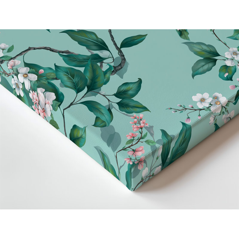 Toile, illustration botanique sereine avec branches complexes et art mural vert luxuriant, feuilles contre une menthe douce, art mural sur toile
