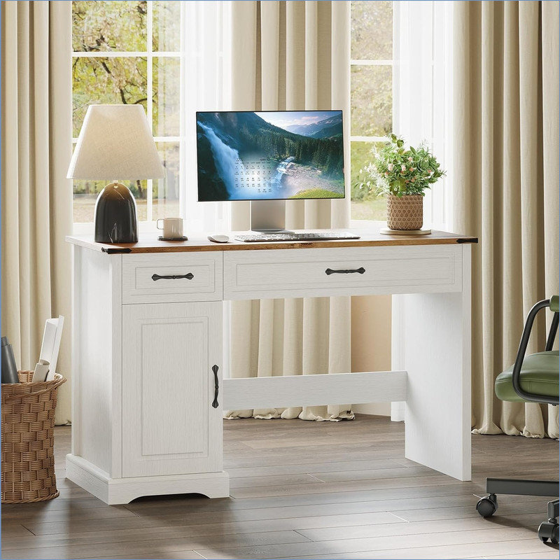 60" Executive Desk with Drawers, Farmhouse Home Office Desk with Storage Cabinets, Rustic Computer Writing Desks, Wood Workstation Computer Desks for Home, Study, Work, Antique White