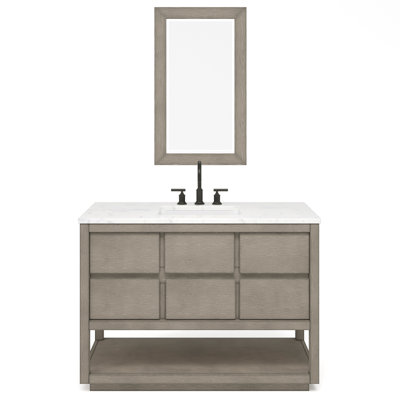 Oakman 48 In. Double Sink Carrara White Marble Countertop Bath Vanity In Grey Oak With Rectangular Mirror