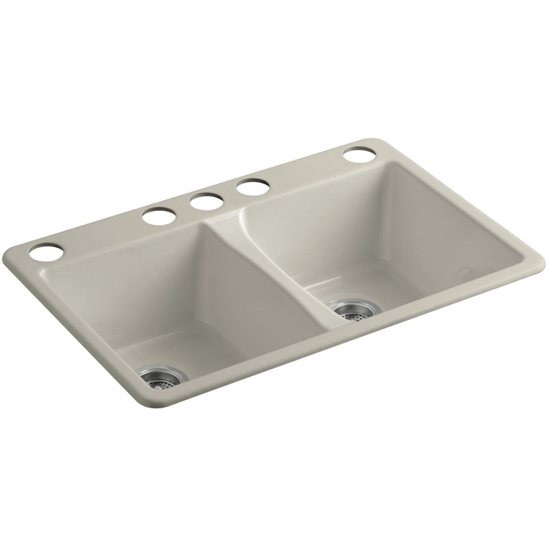 Deerfield 33" L x 22" W Double Basin Drop-In Kitchen Sink with Accessories, 5 Hole, White