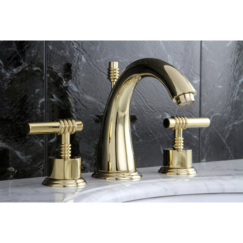 Kingston Brass Milano Two-Handle 3-Hole Deck Mount Widespread Bathroom Faucet with Brass Pop-Up Drain, Polished Brass