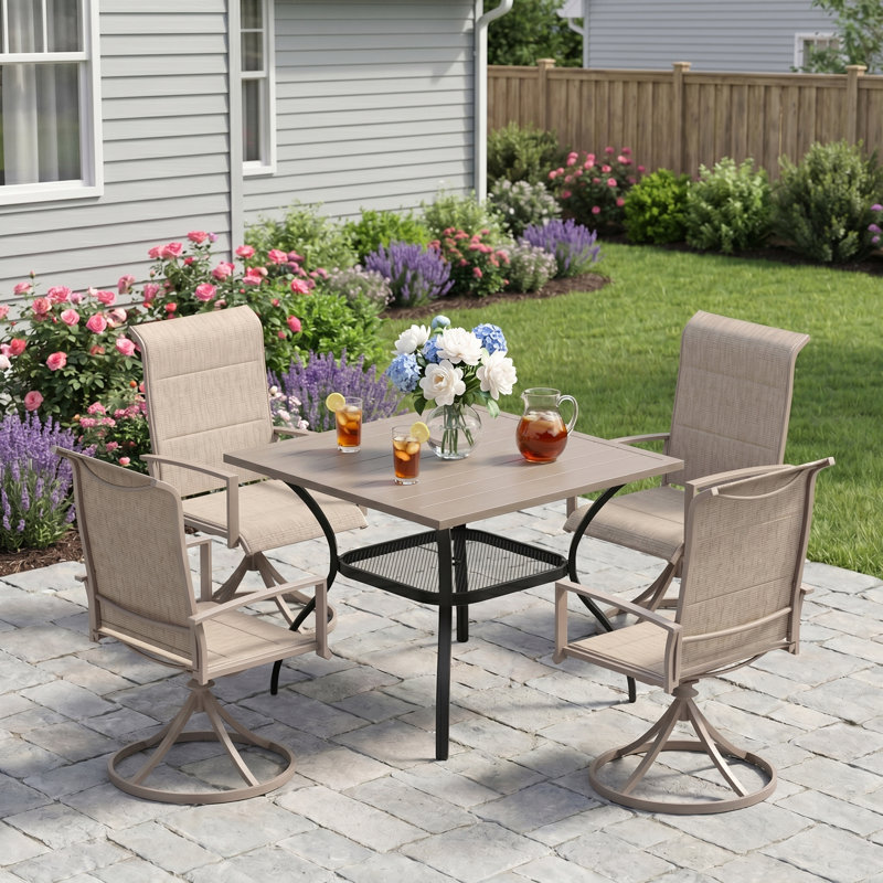 4-Person Outdoor Patio Dining Set, Cream/Gray, Gray Woodlike