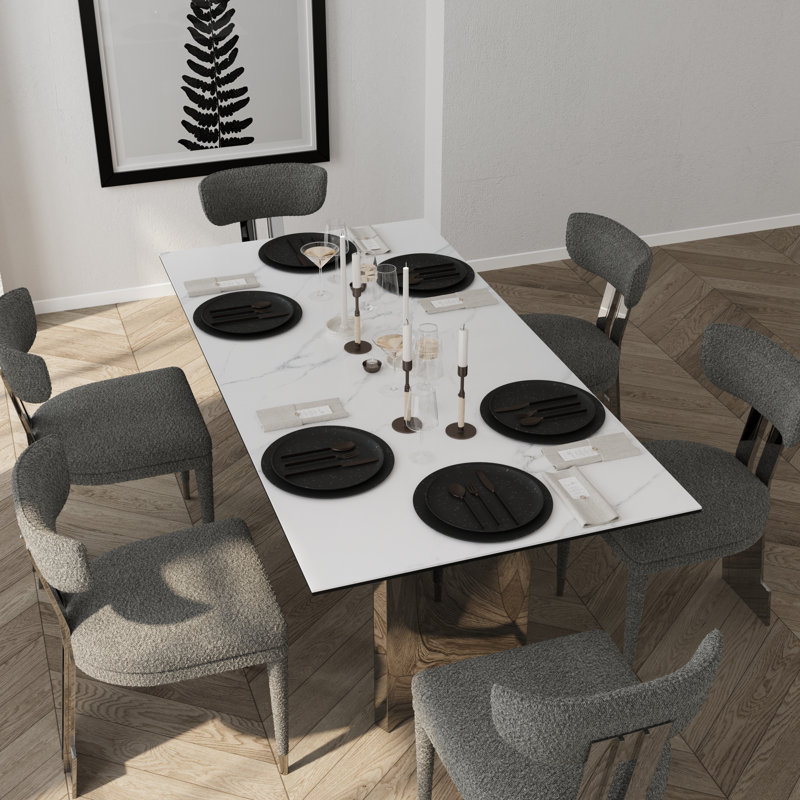 Table de salle à manger 70 pouces argentée avec plateau en verre trempé blanc et base triangulaire en acier inoxydable