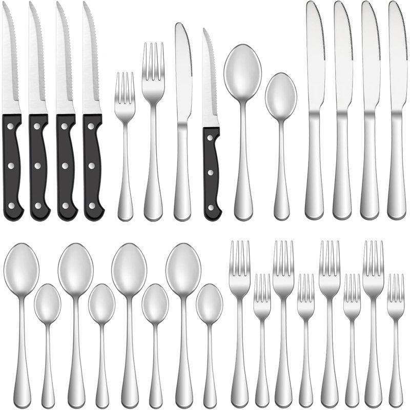 Ensemble de 24 couverts 24 pièces avec service de couteaux à steak, ensemble de couverts en acier inoxydable, ensemble d'ustensiles de couteaux polis miroir, ensemble de vaisselle de cuisine pour la maison, ensemble de cuillères à fourchette, va au la