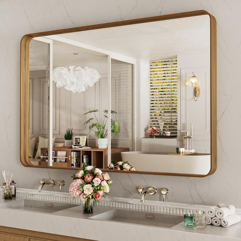 Miroir de salle de bain 36 po x 36 po avec cadre en métal de couleur grain de bois, miroir de salle de bain rectangulaire arrondi avec cadre en métal, antirouille, suspendu horizontalement ou verticalement, verre trempé