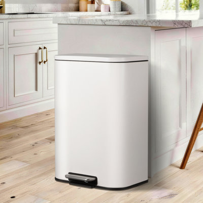 13 Gallon Commercial Trash Can, Fingerprint-Proof Stainless Steel Garbage Can for Kitchen with Soft-Close Lid & Foot Pedal , Space Saving Design for Home Office Restaurant, White