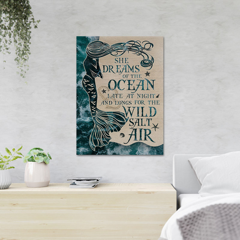 «Blue Mermaid - She Dreams Of The Ocean», reproduction d'art graphique sur toile tendue, H 14 po x l 11 po x P 2 po