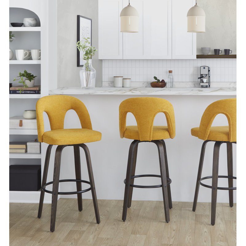 Tabourets de bar 30 po Caden, Noyer / noir, Tissu jaune, Tabouret de bar (siège d’une hauteur de 30 po)
