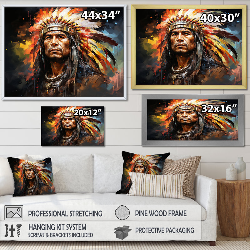 Amérindien Mohawk Warrior - Art amérindien grand art mural, Cadre doré simple, H 24 po x l 32 po x P 1 po