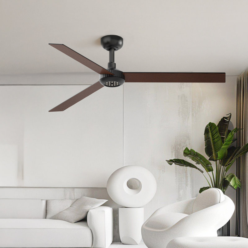 52 Inch Ceiling Fan With Led Lights High Air Volume Manufactured Wood , Black with Walnut Blades