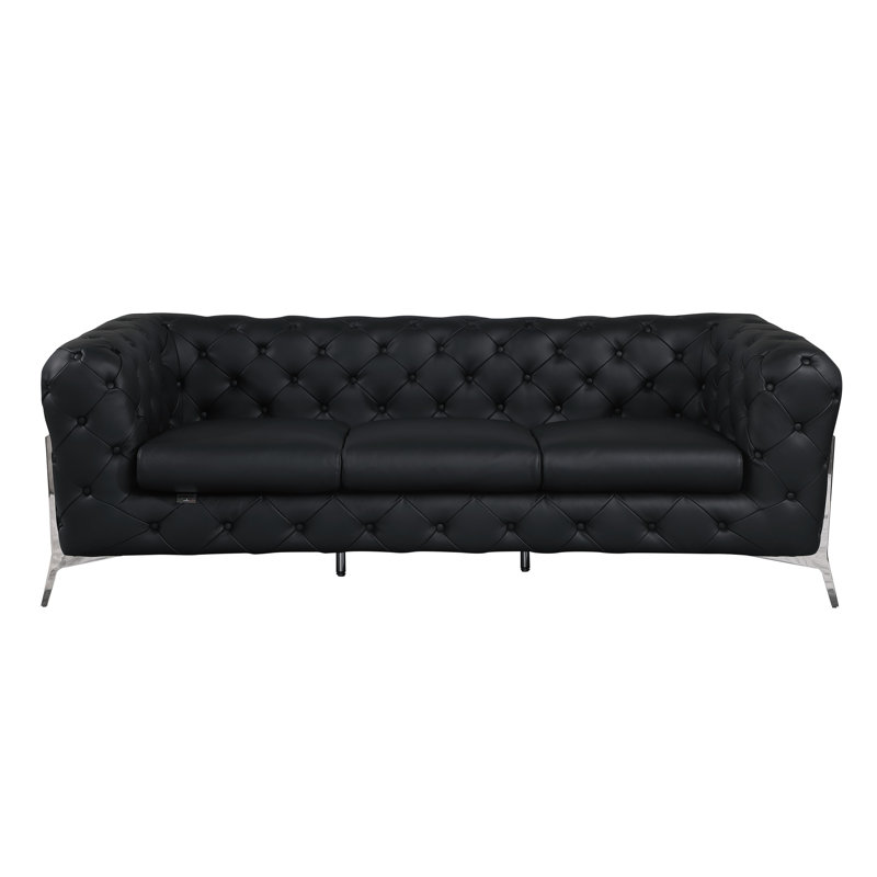 Ehrika Top Grain Italian Leather Sofa, Silver, Black Genuine Leather