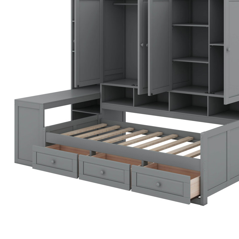 Twin Size Wooden Daybed With Drawers, Desk And Shelves, Gray, Twin