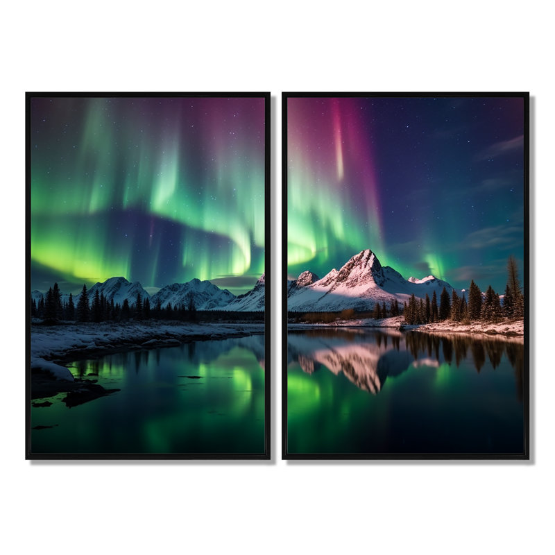 Yukon Dream Aurora V - Décoration murale traditionnelle 2 panneaux, Noir, H 36 po x l 48 po