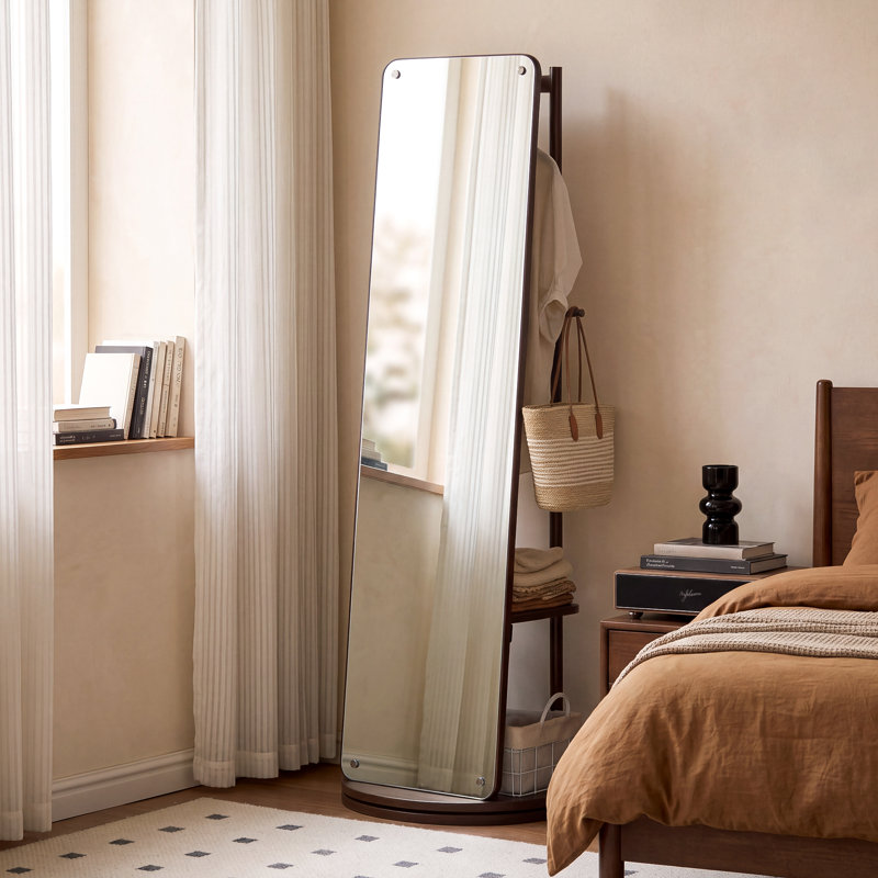 Miroir rotatif pleine grandeur avec portemanteau, miroir de rangement autoportant en bois massif pour le salon de la chambre à coucher