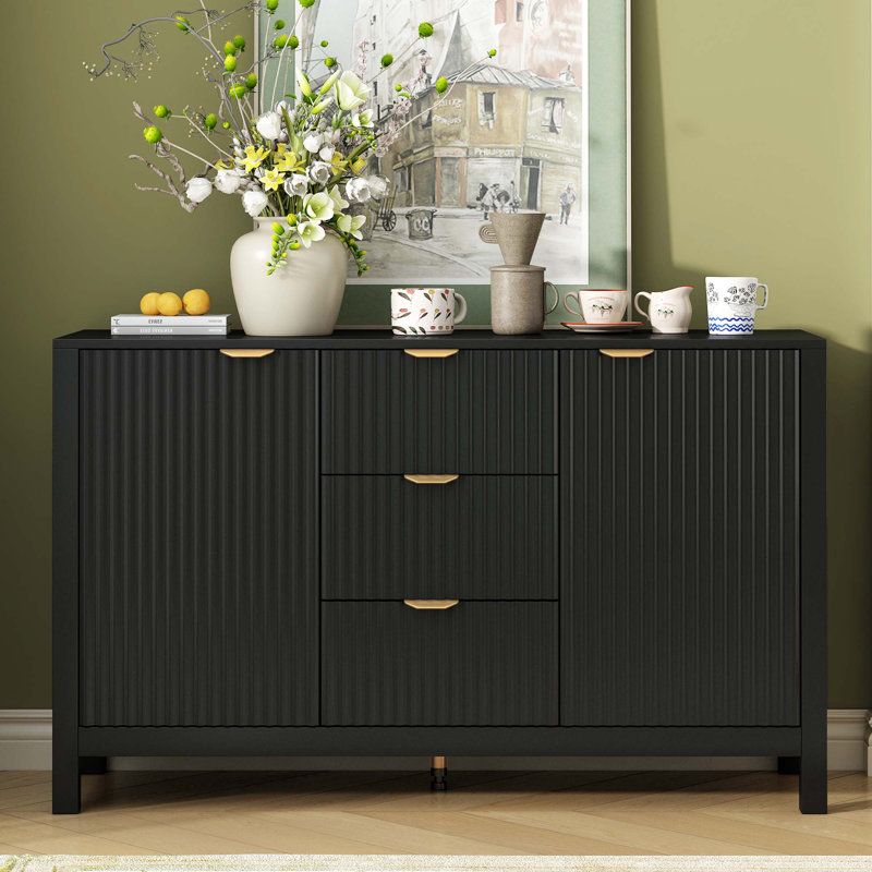 Cabinet d'entrée avec design Wave - 3 tablettes réglables, 3 tiroirs et portes à fermeture en douceur, console de rangement avec poignées en métal