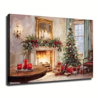 «Cozy Christmas Living Room Fireplace Holiday», grande galerie d'art sur toile tendue pour salon chambre