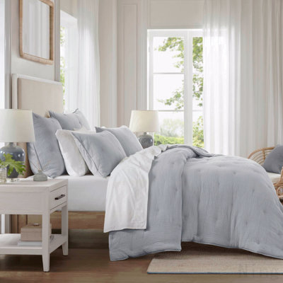 Ensemble de courtepointe 3 pièces en coton brodé double / grand, bleu