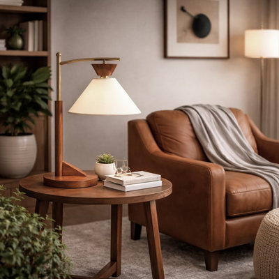 Mid-Century Modern Walnut Cantilever Table Lamp, Brass Swing Arm Desk Lamp with Linen Cone Shade, Adjustable Reading Nightstand Lamp for Bedroom Living Room