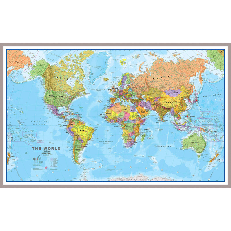 Large World Wall Map Political - Art Print on Paper, 86.1cm H x 120.9cm W x 5cm D, Silver Framed