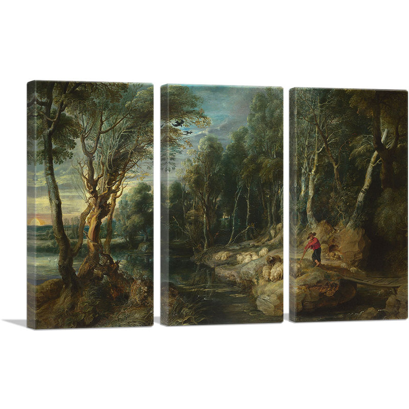«A Shepherd with His Flock in a Woody Landscape 1615» par Peter Paul Rubens - ensemble de 3 reproductions d'art sur toile tendue