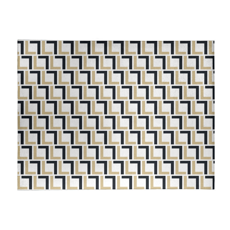 Tapis rond à motif géométrique beige / noir, Rectangle 8 pi x 10 pi